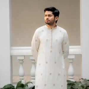 Men's Off-White Embroidered Kurta | Gold Zari Motif | Ethnic Festive Wear |