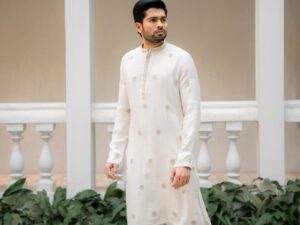 Men's Off-White Embroidered Kurta | Gold Zari Motif | Ethnic Festive Wear |