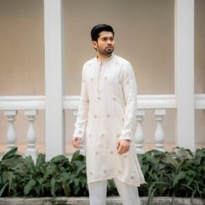 Men's Off-White Embroidered Kurta | Gold Zari Motif | Ethnic Festive Wear |
