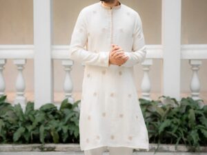 Men's Off-White Embroidered Kurta | Gold Zari Motif | Ethnic Festive Wear |