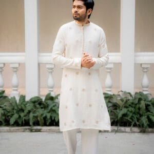 Men's Off-White Embroidered Kurta | Gold Zari Motif | Ethnic Festive Wear |
