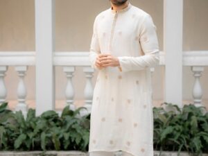 Men's Off-White Embroidered Kurta | Gold Zari Motif | Ethnic Festive Wear |