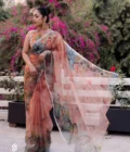 Butterfly Garden Printed Organza Saree | Eid Collection | Peach Floral Butterfly Digital Print
