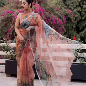 Butterfly Garden Printed Organza Saree | Eid Collection | Peach Floral Butterfly Digital Print
