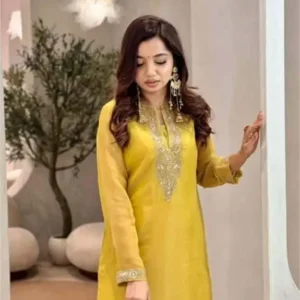 legant Yellow Embroidered Chanderi Silk Straight Kurta Set with Dupatta