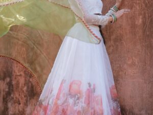 The Ethereal Floral Muslin Lehenga Set (White & Sage Green)