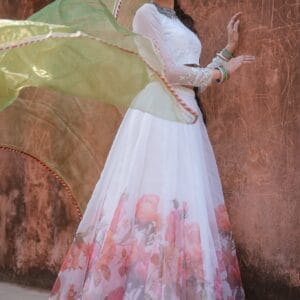 The Ethereal Floral Muslin Lehenga Set (White & Sage Green)
