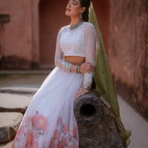 The Ethereal Floral Muslin Lehenga Set (White & Sage Green)