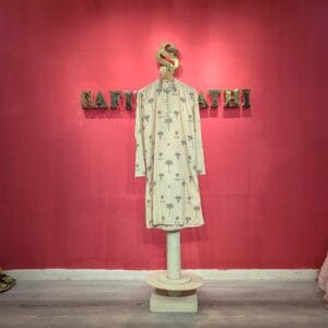 Men's Off-White Ethnic Block Print Kurta Panjabi | Palm Tree & Elephant Motif |