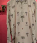 Men's Off-White Ethnic Block Print Kurta Panjabi | Palm Tree & Elephant Motif |