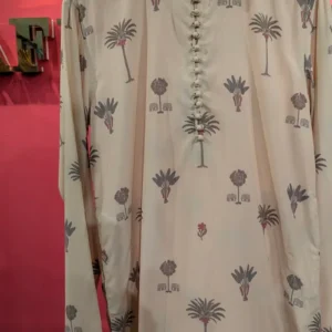 Men's Off-White Ethnic Block Print Kurta Panjabi | Palm Tree & Elephant Motif |