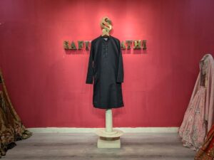 Men's Black Textured Kurta with Mandarin Collar & Antique Gold Buttons