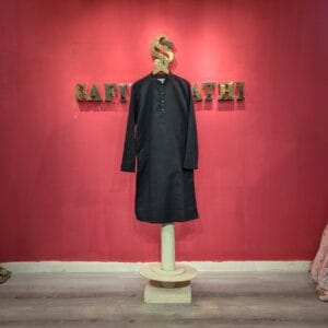 Men's Black Textured Kurta with Mandarin Collar & Antique Gold Buttons