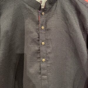 Men's Black Textured Kurta with Mandarin Collar & Antique Gold Buttons