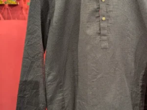 Men's Black Textured Kurta with Mandarin Collar & Antique Gold Buttons