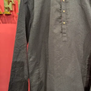 Men's Black Textured Kurta with Mandarin Collar & Antique Gold Buttons