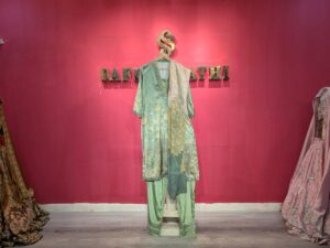 Sage Green Silk Floral Jacquard Kurta with Hand Embroidered Teal Border & Pearl Embellishments