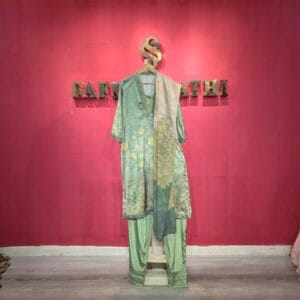 Sage Green Silk Floral Jacquard Kurta with Hand Embroidered Teal Border & Pearl Embellishments