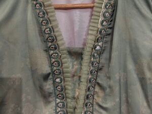 Sage Green Silk Floral Jacquard Kurta with Hand Embroidered Teal Border & Pearl Embellishments