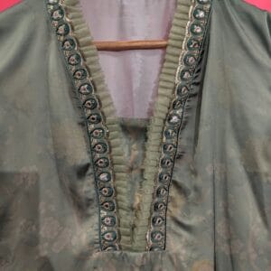 Sage Green Silk Floral Jacquard Kurta with Hand Embroidered Teal Border & Pearl Embellishments