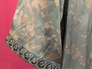 Sage Green Silk Floral Jacquard Kurta with Hand Embroidered Teal Border & Pearl Embellishments
