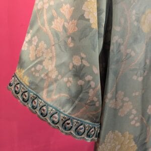 Sage Green Silk Floral Jacquard Kurta with Hand Embroidered Teal Border & Pearl Embellishments