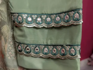 Sage Green Silk Floral Jacquard Kurta with Hand Embroidered Teal Border & Pearl Embellishments