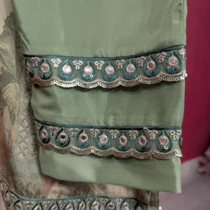 Sage Green Silk Floral Jacquard Kurta with Hand Embroidered Teal Border & Pearl Embellishments