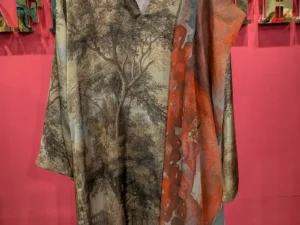 Sylvan Forest Printed Silk Kaftan Tunic with Coordinating Scarf — Olive & Rust