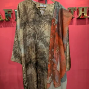 Sylvan Forest Printed Silk Kaftan Tunic with Coordinating Scarf — Olive & Rust