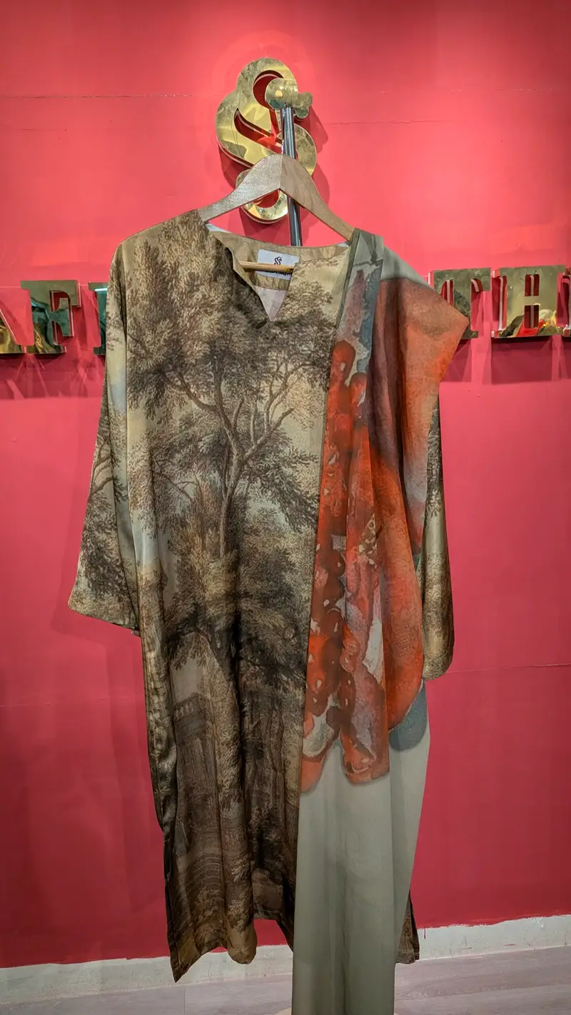 Sylvan Forest Printed Silk Kaftan Tunic with Coordinating Scarf — Olive & Rust