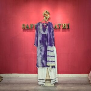 Purple Shibori Tie-Dye Muslin Kurta Set with Floral Embroidery & White Palazzo Pants