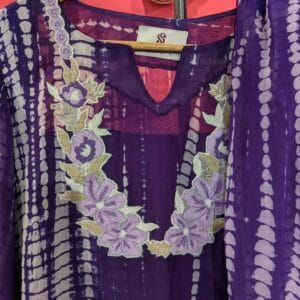 Purple Shibori Tie-Dye Muslin Kurta Set with Floral Embroidery & White Palazzo Pants