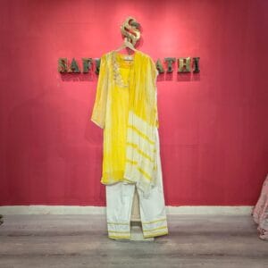 Sunshine Yellow Shibori Tie-Dye Muslin Suit with Floral Embroidery Neckline & Dupatta
