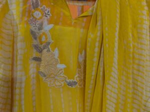 Sunshine Yellow Shibori Tie-Dye Muslin Suit with Floral Embroidery Neckline & Dupatta