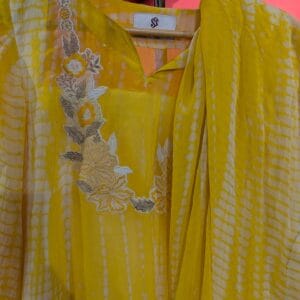 Sunshine Yellow Shibori Tie-Dye Muslin Suit with Floral Embroidery Neckline & Dupatta