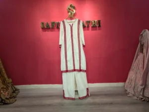 Ivory Linen Kurta Set with Hand-Embroidered Red Detailing