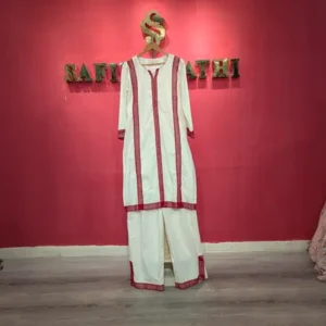 Ivory Linen Kurta Set with Hand-Embroidered Red Detailing