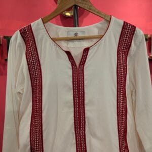 Ivory Linen Kurta Set with Hand-Embroidered Red Detailing