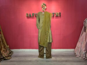 Olive Green Silk Kurta Set with Hand Embroidery & Dupatta | Safini Rathi