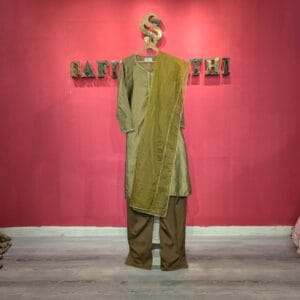 Olive Green Silk Kurta Set with Hand Embroidery & Dupatta | Safini Rathi