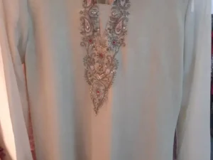 Cream Luxury Embellished Chiffon Kurta | XXL | Hand-Embroidered Neckline with Sequins & Stone Work