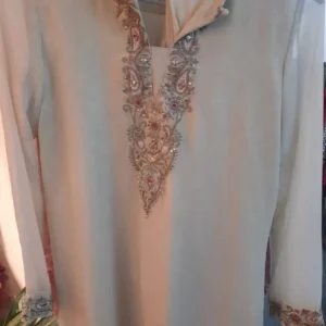 Cream Luxury Embellished Chiffon Kurta | XXL | Hand-Embroidered Neckline with Sequins & Stone Work