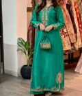 Teal Green Plam Tree Embroidered silk kaftan set