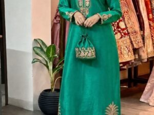 Teal Green Plam Tree Embroidered silk kaftan set