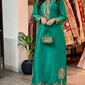 Teal Green Plam Tree Embroidered silk kaftan set