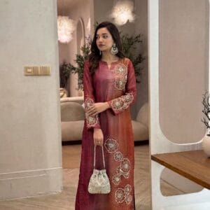 Rust Ombre Floral Embroidered kurta