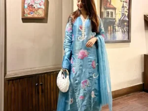 Sky Blue Floral Embroidered Tissue Silk Kurta Set With Dupatta
