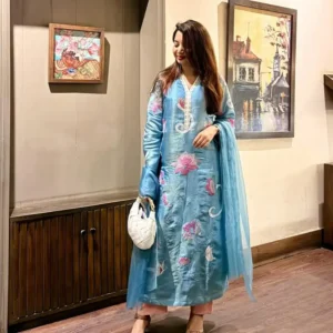 Sky Blue Floral Embroidered Tissue Silk Kurta Set With Dupatta