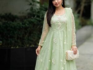 Mint Green Floral Anarkali Gown With Dupatta